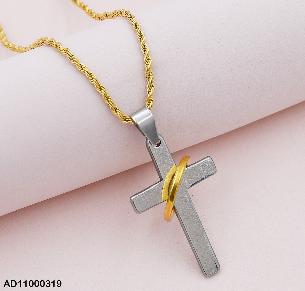 DIJE CRUZ PLATEADA(ORACIÓN) CÍRCULO DORADO A8553