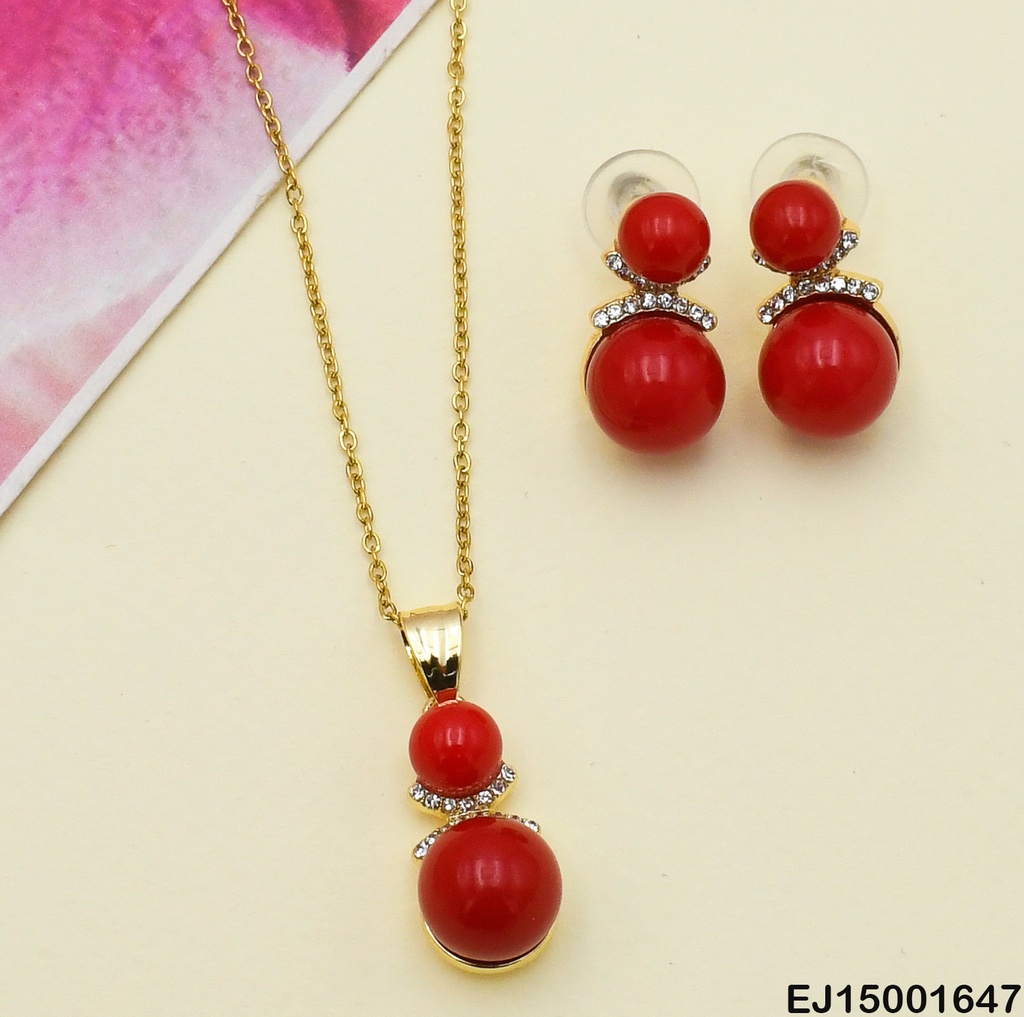 JUEGO  DOBLE ESFERA ROJA VERTICAL C/ARO ZIRCONIAS