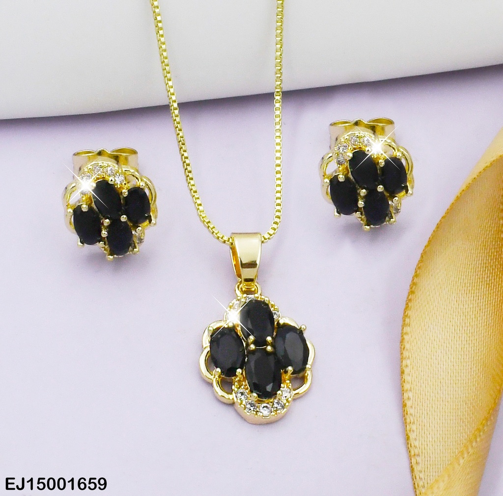 JUEGO FLOR DE ÓVALOS ZIRCONIAS NEGRAS C/BORDES