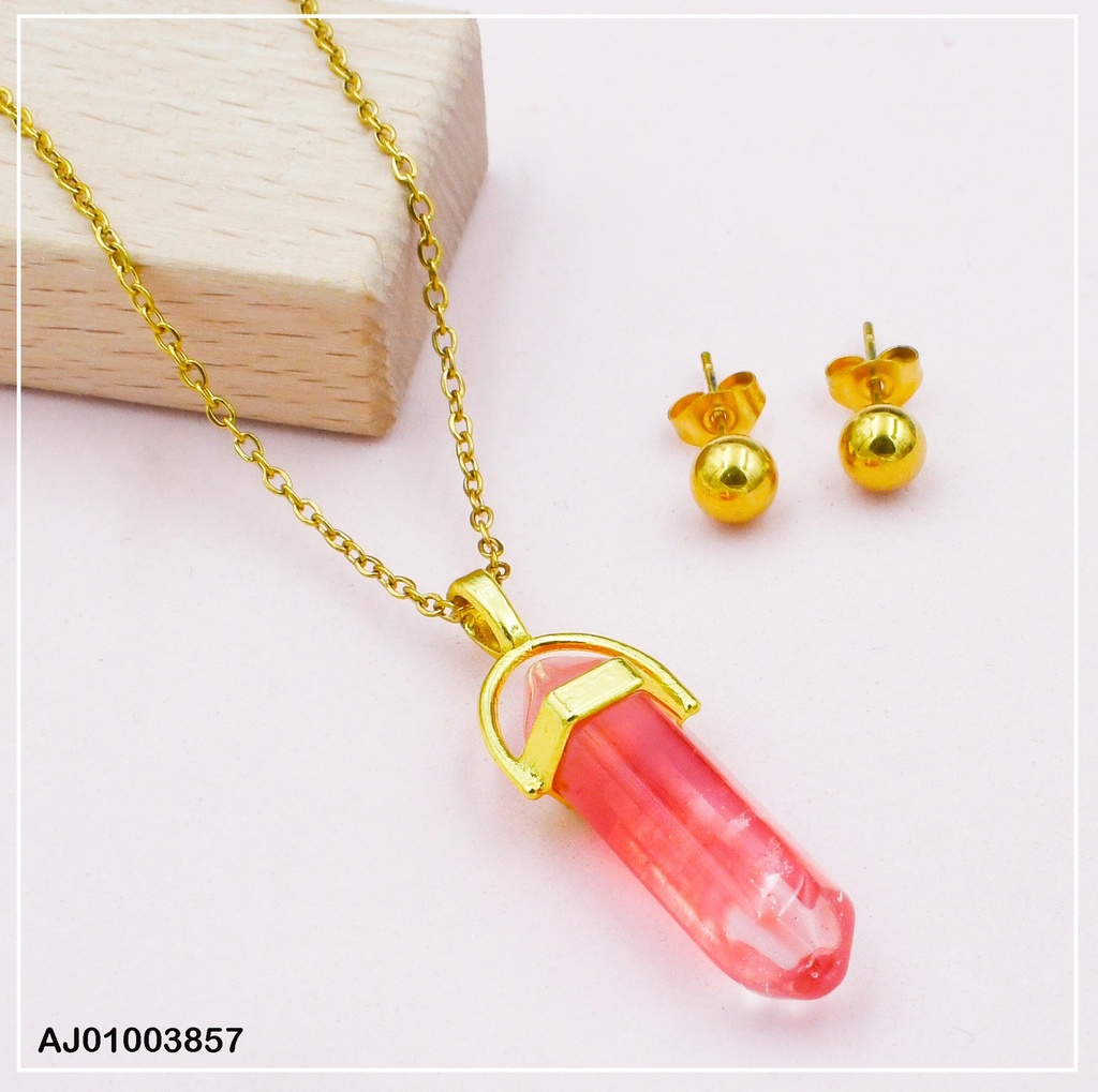 JUEGO ARETES PELOTITAS DOR.,DIJE CUARZO:ROSA MARMOLEADO 072821