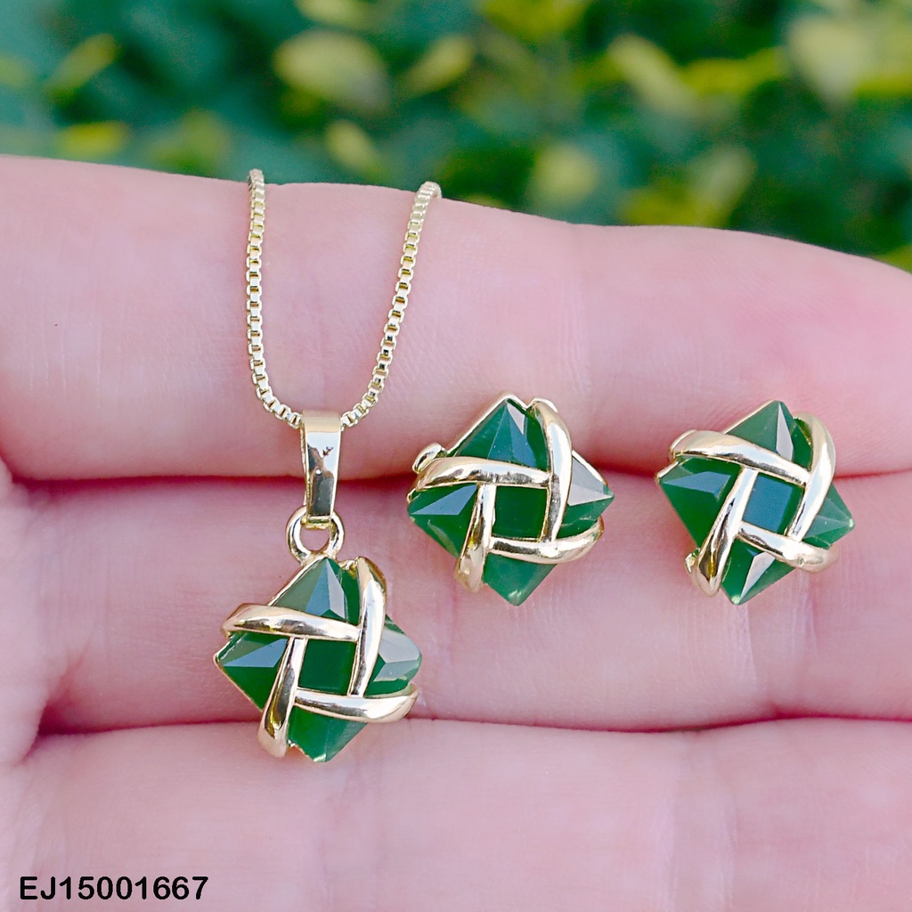 JUEGO CUADRO VERDE ZIRC.CON ENREJADO DORADO
