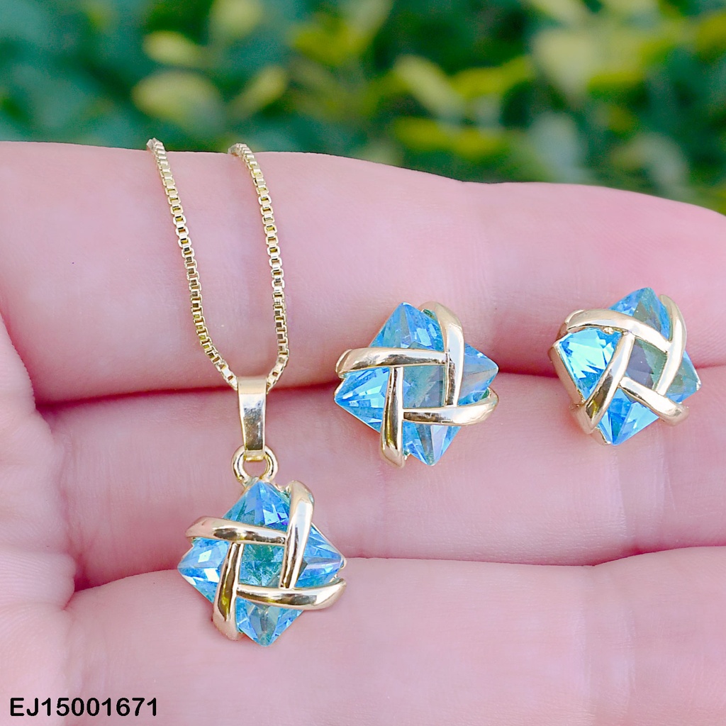 JUEGO CUADRO CELESTE ZIRC.CON ENREJADO DORADO