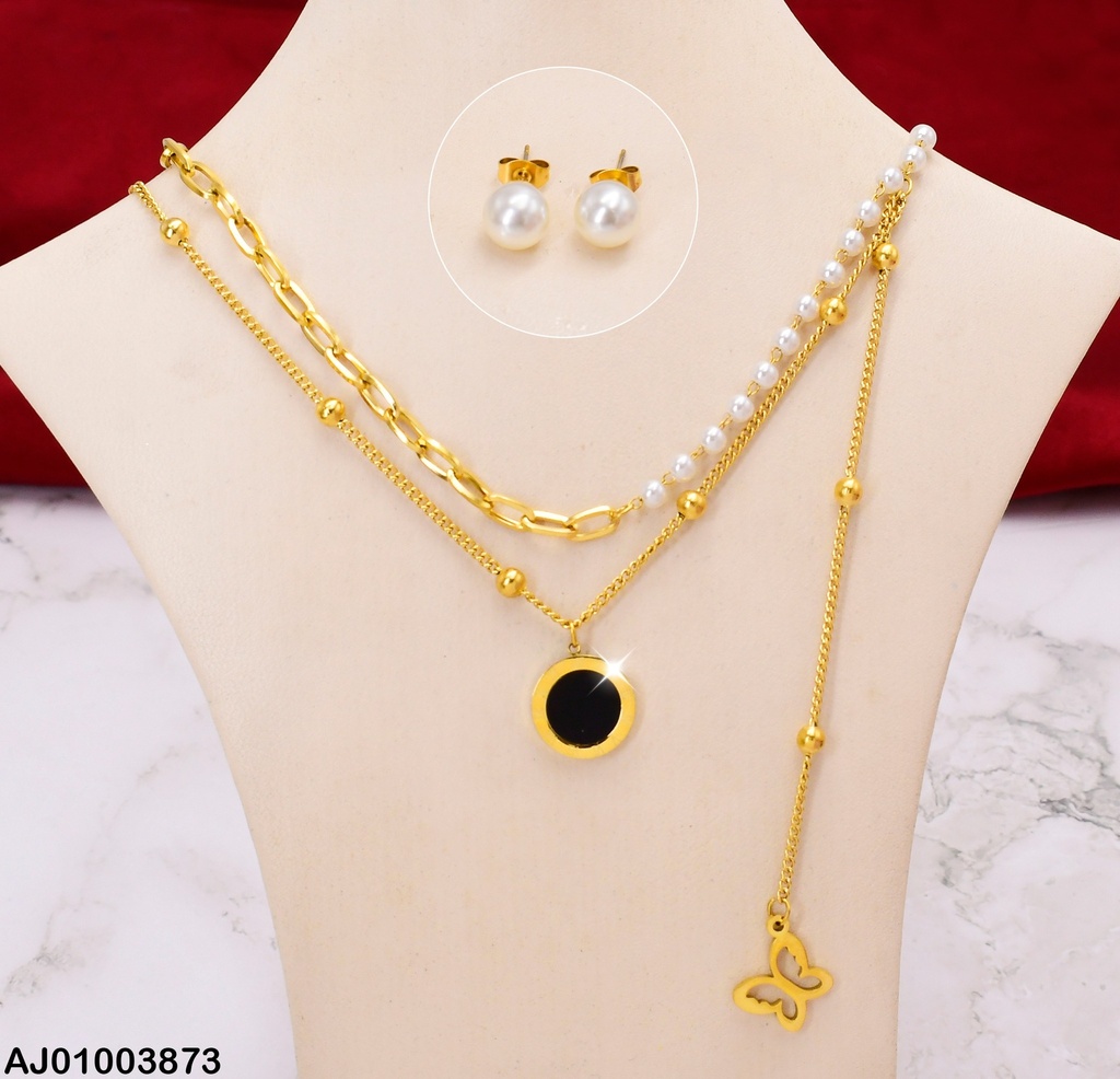 JUEGO TRIPLE CAD.ARETES⚪DIJES:RD NEGRO/🦋 073320