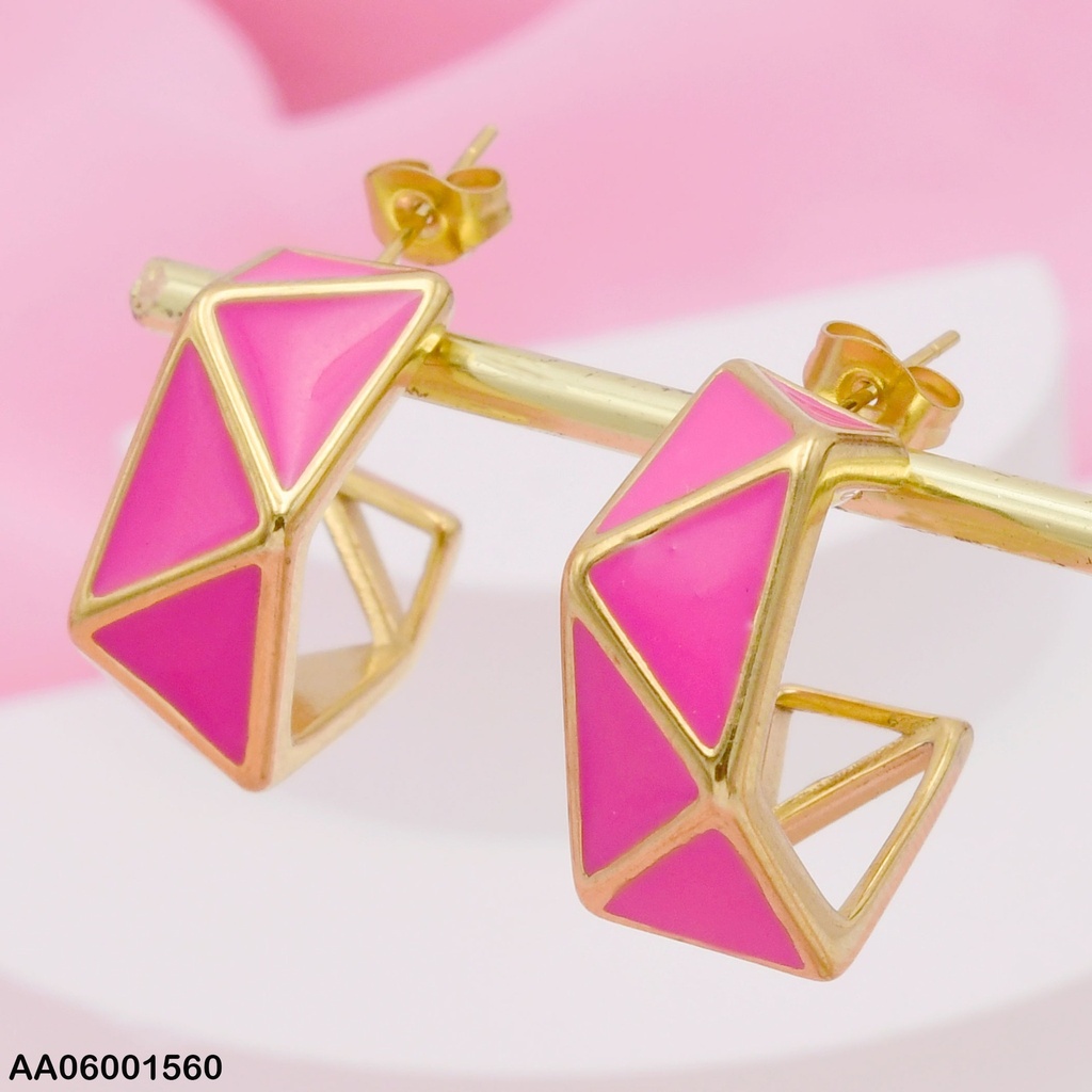 ARETES FUCSIA TRIÁNGULOS DORADOS