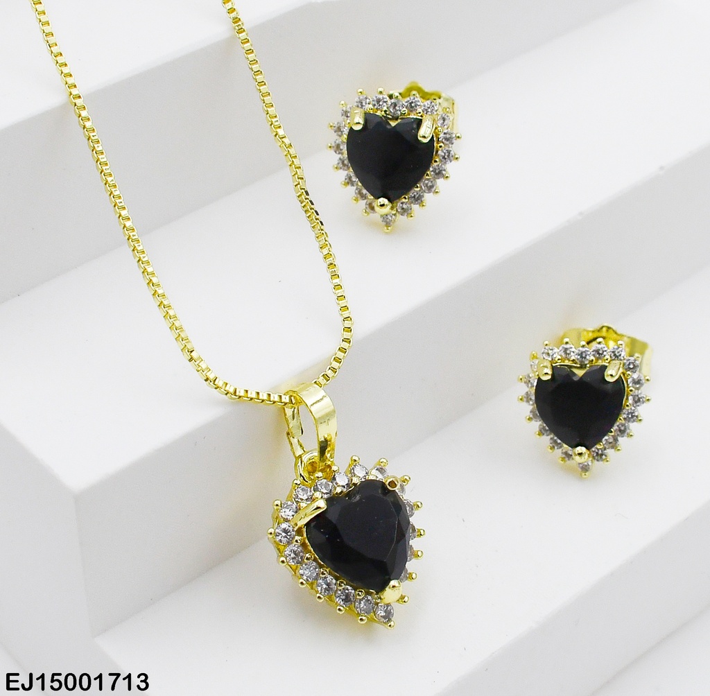 JUEGO CORAZÓN ZIRCONIA NEGRA,BORDE ZIRC.C/PUNTAS
