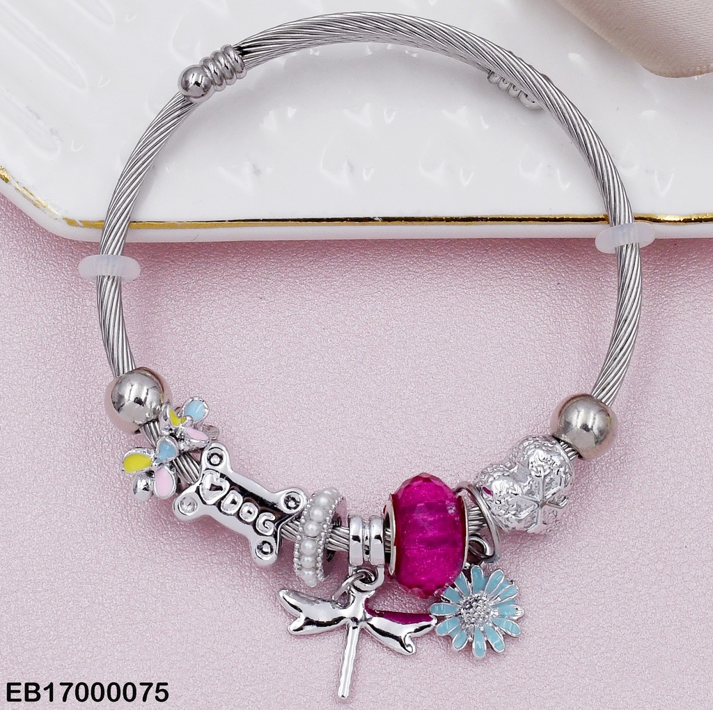 BRAZALETE PLATEADO AJUSTABLE C/CHARMS RUEDA FUCSIA