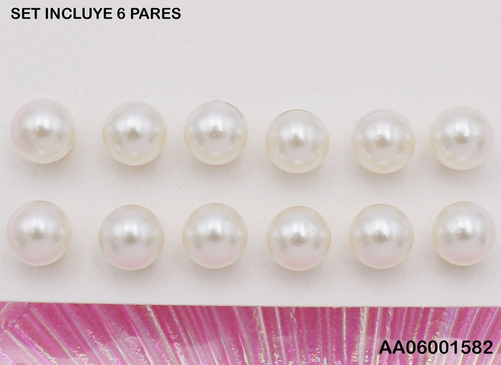 PAQUETE 6 PARES ARETES PERLA 8MM