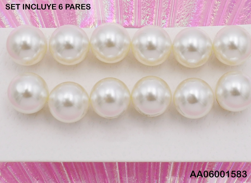 PAQUETE 6 PARES ARETES PERLA 10MM