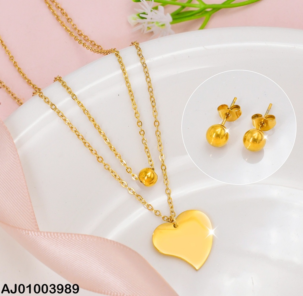 JUEGO ARETES PELOTITA CAD. DOBLE DIJE CORAZON/⭕ 03411 (P.E.NOV2025)