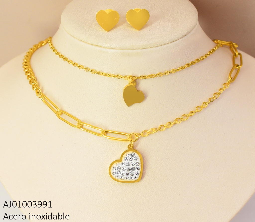 JUEGO CAD. DOBLE ARETES CORAZON DIJE ZIRCONIA 072119