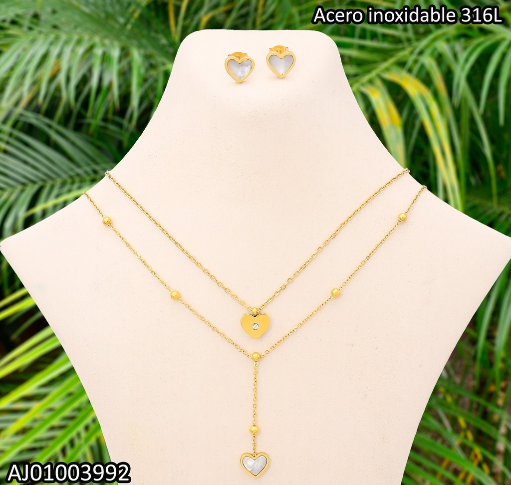 JUEGO CAD. DOBLE DIJE ARETES CORAZON/PIEDRA BLANCA 3374