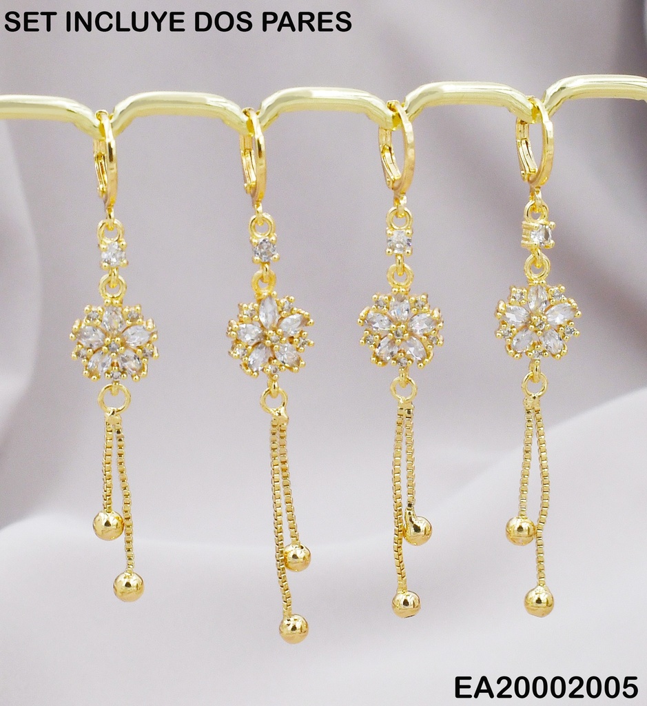 PAQUETE 2 PARES ARETES HUGGIES LARGOS  FLORES 5 PELATOS CON BOLIT ZIRC.