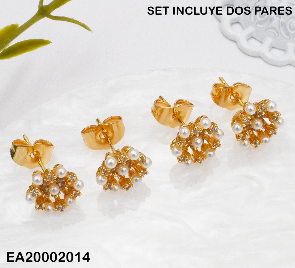 PAQUETE 2 PARES ARETES  FLOR DOR.C/PERLITAS