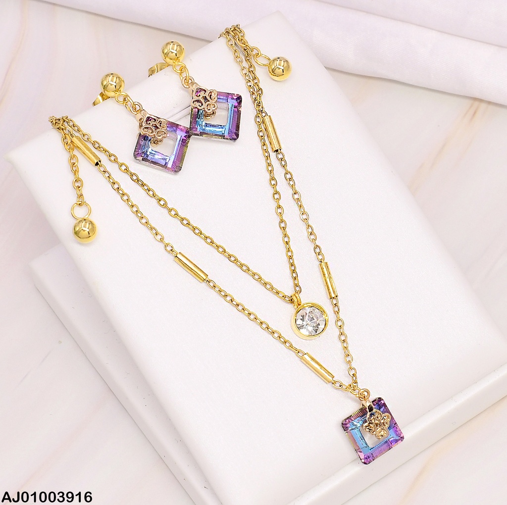 JUEGO CAD DOBLE ARETES/DIJE ROMBO CRISTAL TORNAZOL 072652 -W130