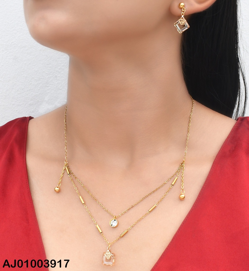 JUEGO CAD DOBLE ARETES/DIJE ROMB CRISTAL CAFE  072653-W130