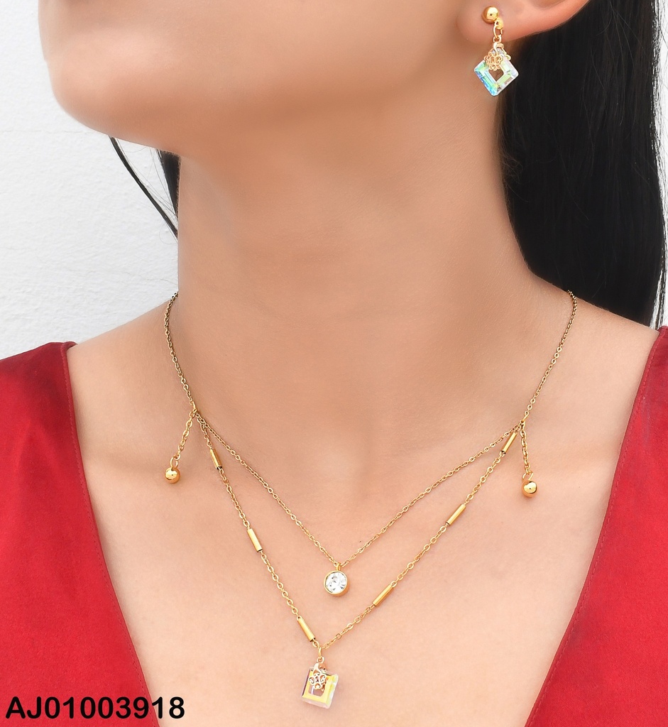 JUEGO CAD. DOBLE  ARETES/DIJE ROMBO CRISTAL TRANSPARNT 072672-W130