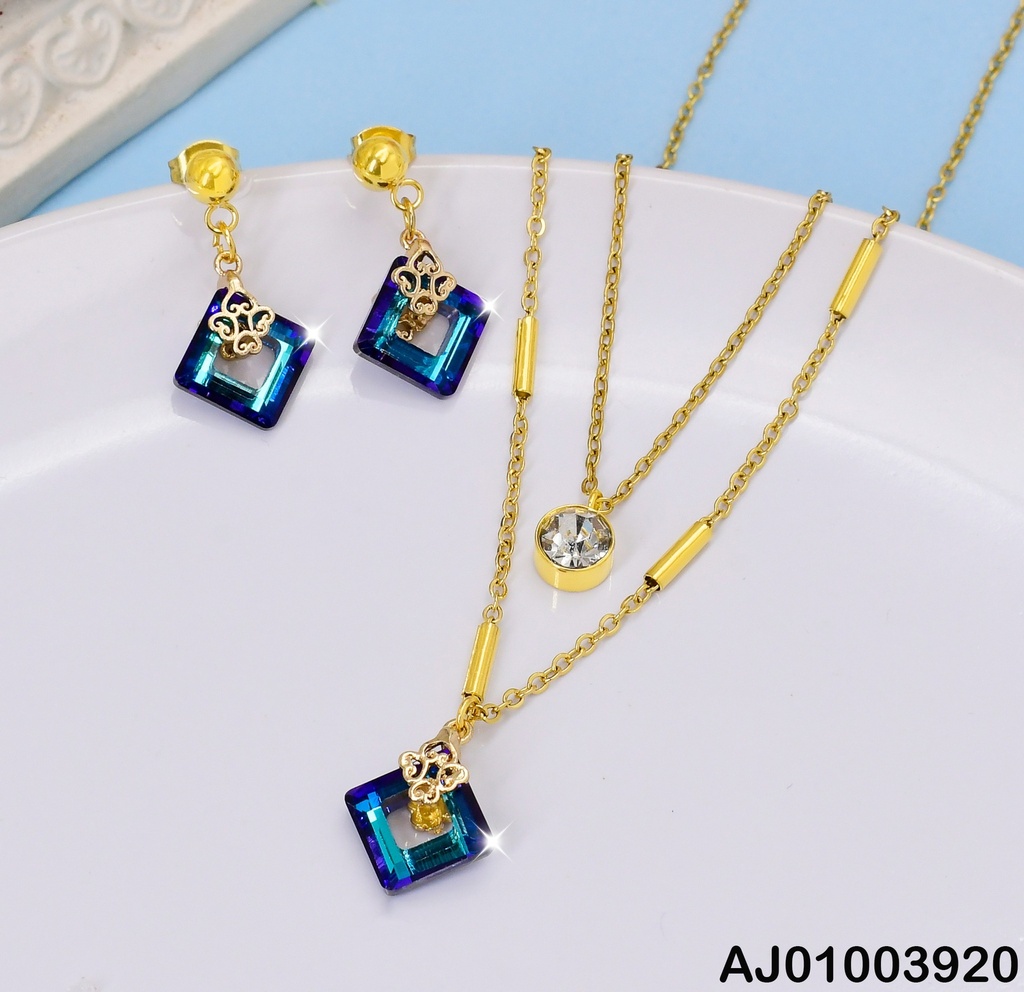 JUEGO CADENA DOBLE ARETES/DIJE ROMBO AZUL 072651-W130