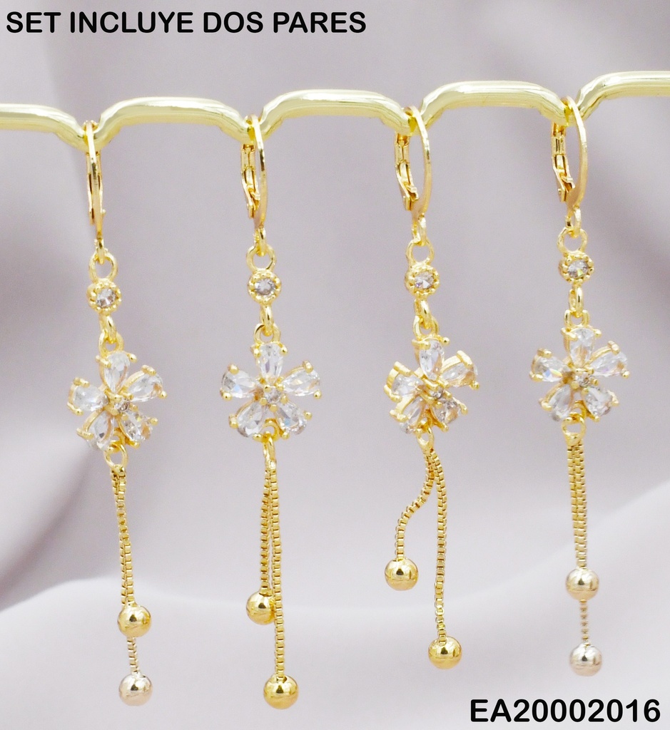 PAQUETE 2 PARES ARETES HUGGIES LARGOS FLORES PETÁLOS ZIRC