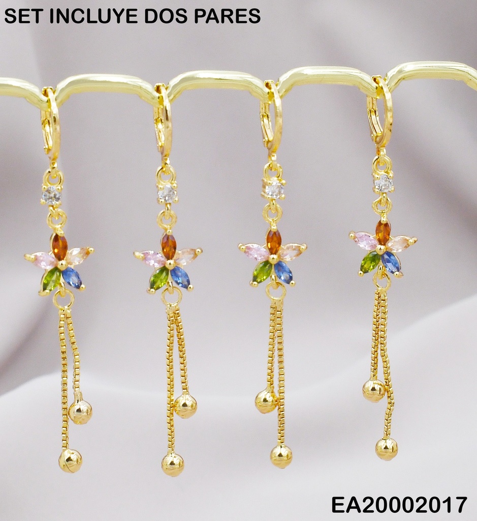 PAQUETE 2 PARES ARETES HUGGIES LARGOS FLORES PETÁLOS ZIRC COL