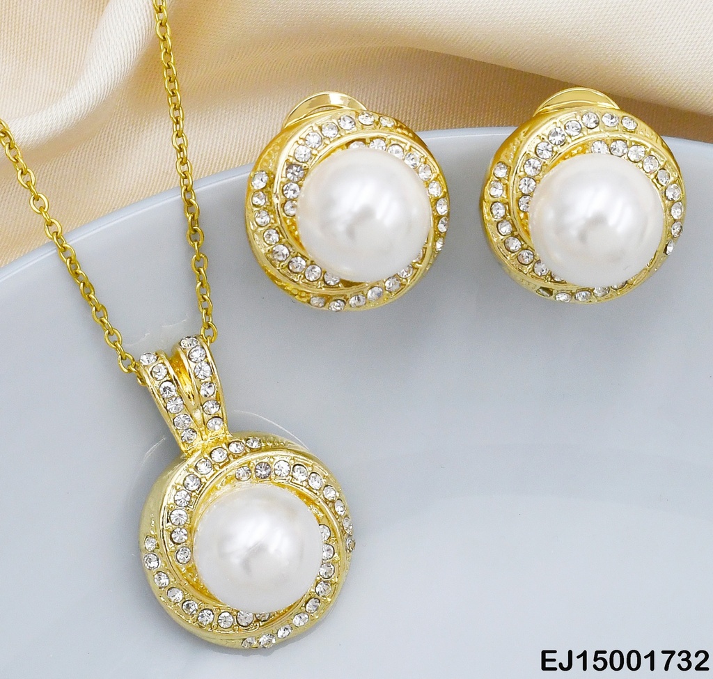 JUEGO DE PERLA BASE DORADA ZIR. BLANCA SHJ006-9