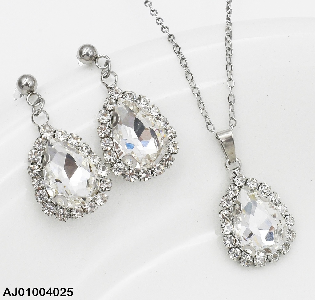 JUEGO PLATEADO GOTA ZIRCONIAS BORDE DOR/ZIRC. BLANCA 09902-W130