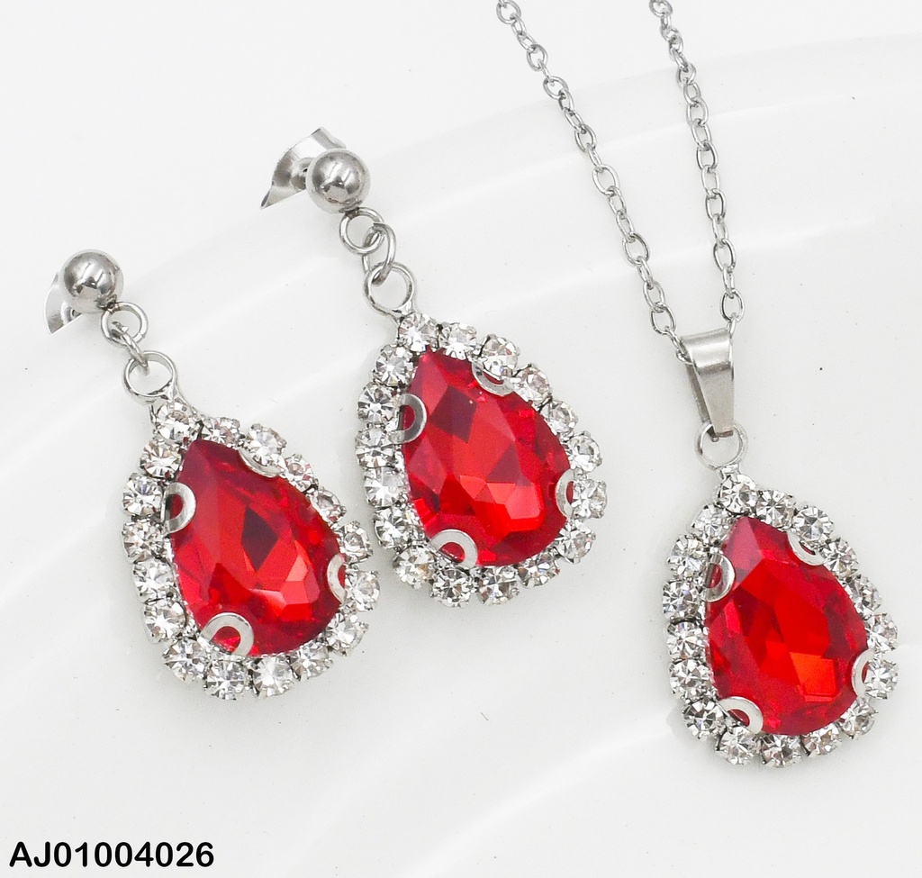 JUEGO PLATEADO GOTA ZIRCONIAS BORDE DOR/ZIRC. ROJA  098302-W130