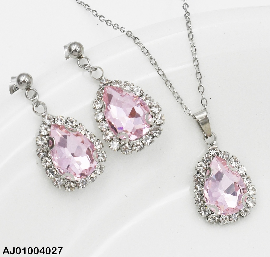 JUEGO PLATEADO GOTA ZIRCONIAS BORDE DOR/ZIRC. ROSADA 098502-W130