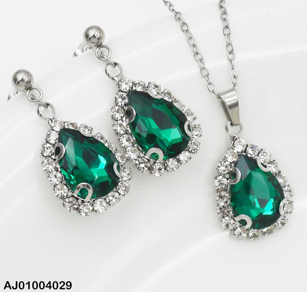 JUEGO PLATEADO GOTA ZIRCONIAS BORDE DOR/ZIRC. VERDE 098602-W130