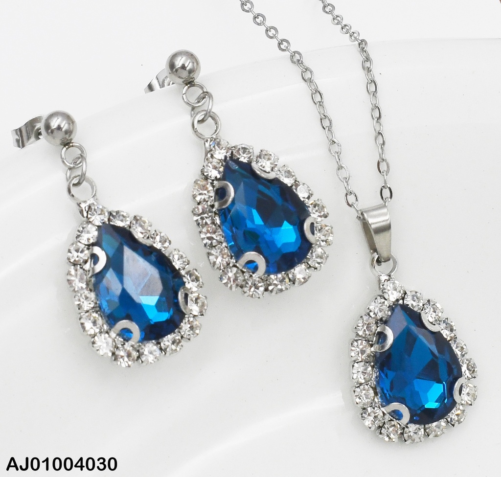 JUEGO PLATEADO GOTA ZIRCONIAS BORDE DOR/ZIRC. AZUL 098902-W130