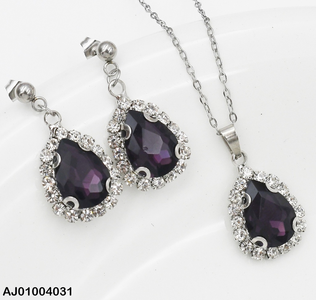 JUEGO PLATEADO GOTA ZIRCONIAS BORDE DOR/ZIRC. MORADO 098802-W130