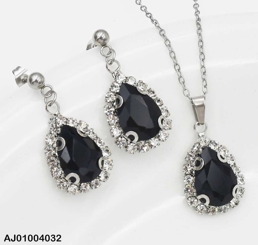 JUEGO PLATEADO GOTA ZIRCONIAS BORDE DOR/ZIRC. NEGRO 098402-W130