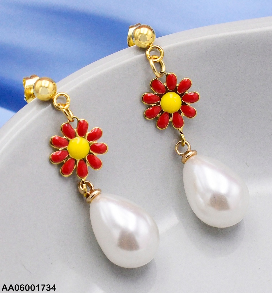 ARETES FLOR ROJA CENTRO AMARILLO/GOTA BLANCA 0737441