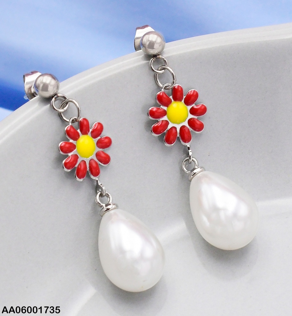 ARETES PLAT.FLOR ROJA CENTRO AMARILLO/GOTA BLANCA 0737442