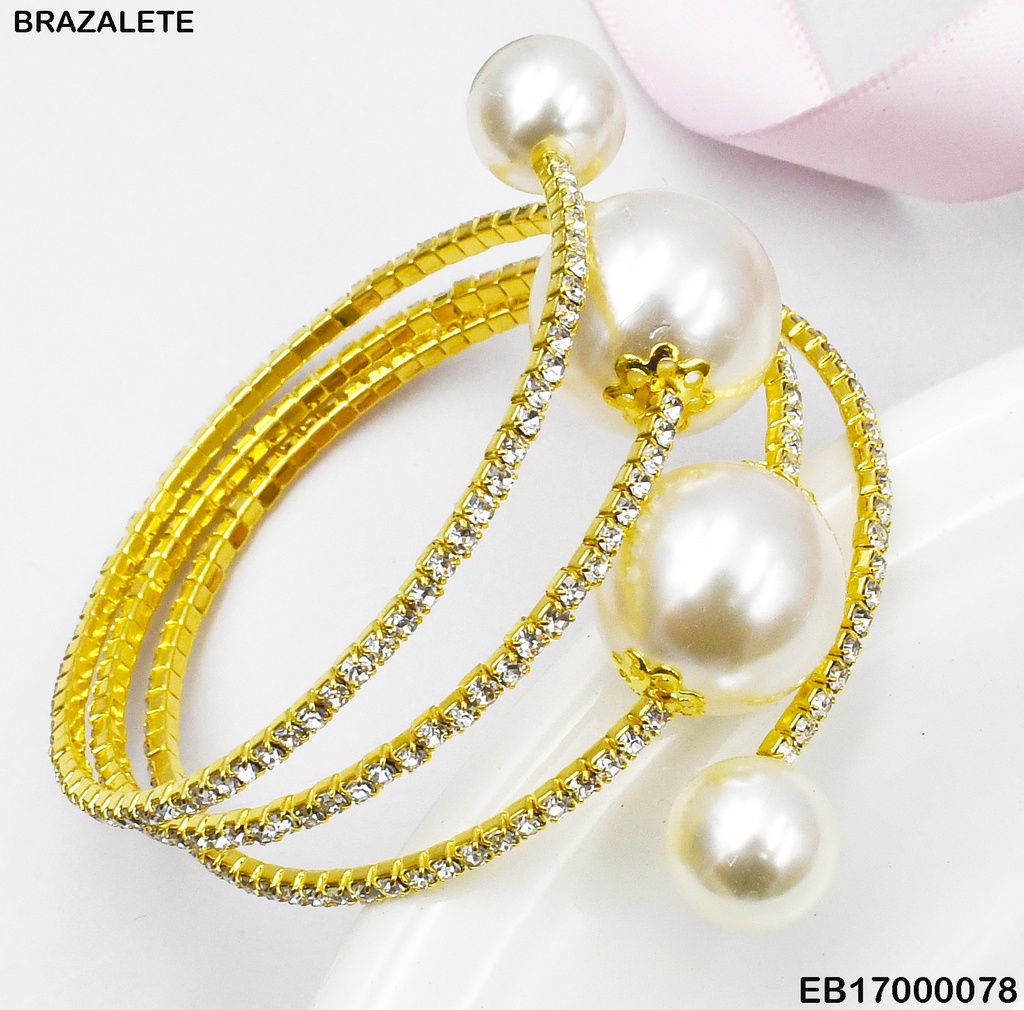 BRAZALETE AJUSTABLE TRIPLE LINEAS ZIRCONIAS C/PERLAS