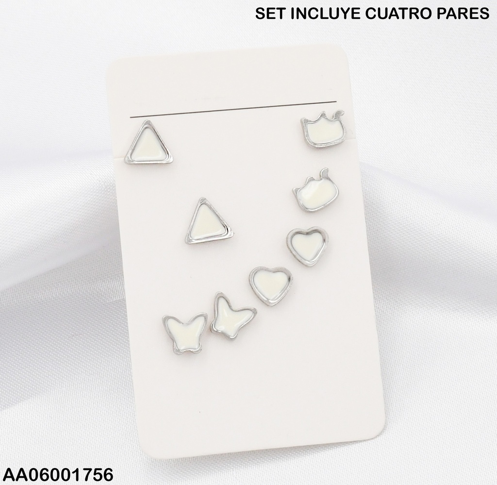 PLATEADOS PAQ. 4 PARES ARETES BLANCOS TRIANGUL/MARIPS/CORZN/ELEFANT 0713462-W130