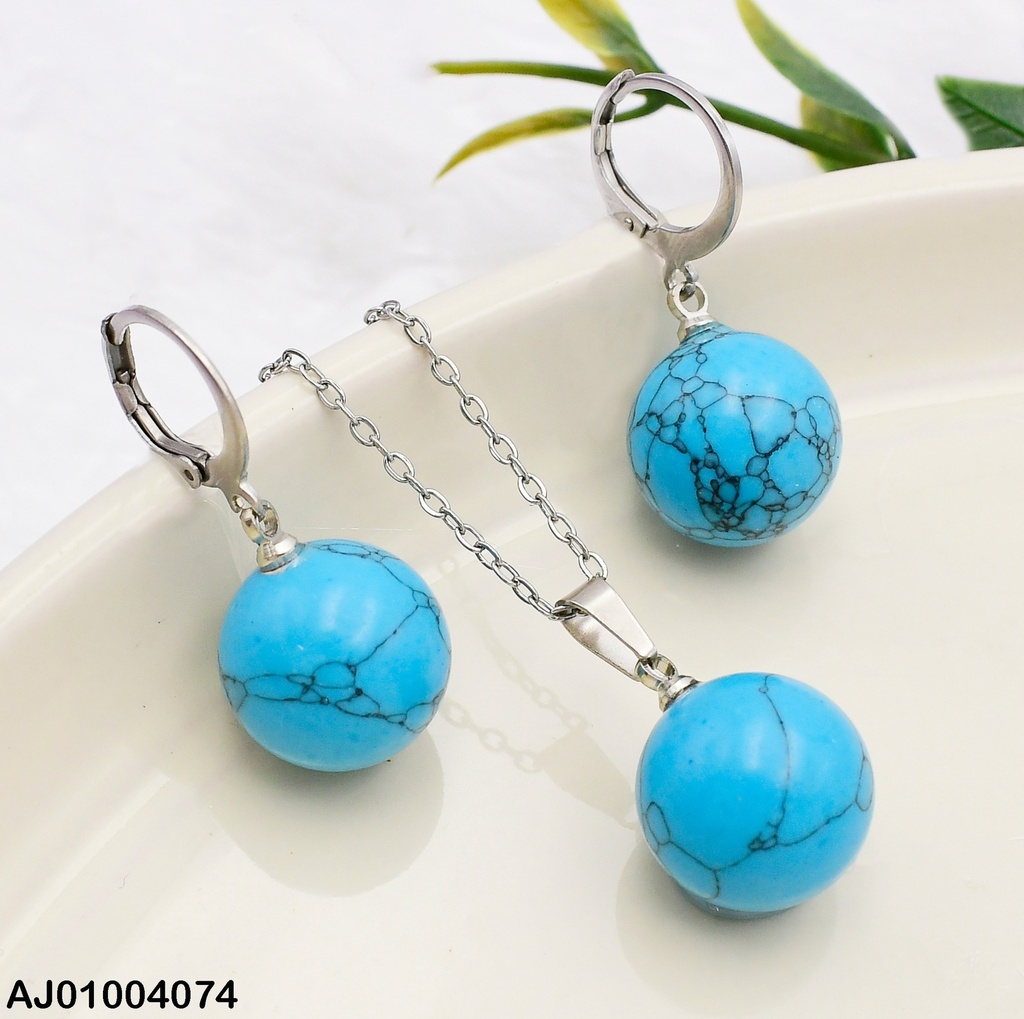 PLATEADO JUEGO ARETES COLGANTE  /DIJE  ESFERA CELESTE  0715202-W130