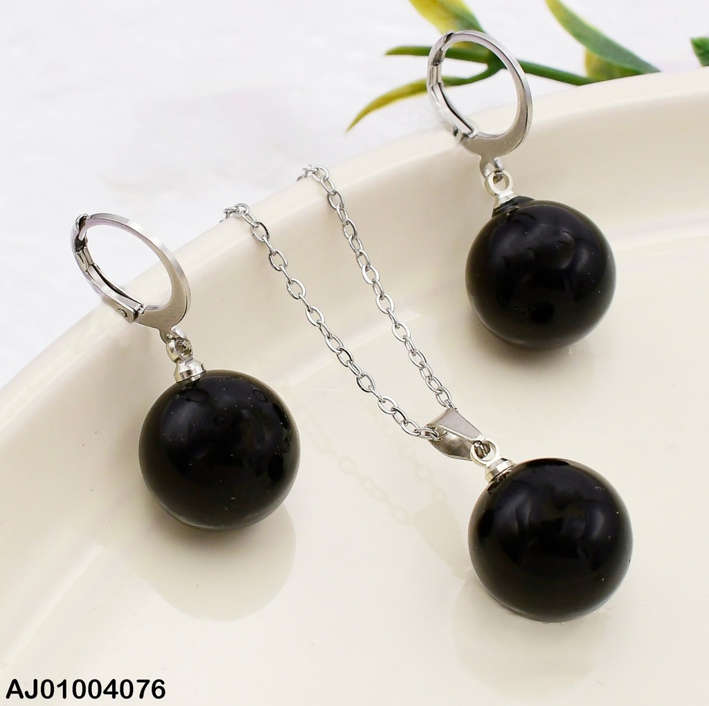 PLATEADO JUEGO ARETES COLGANTE / ESFERA NEGRA 0715212-W130