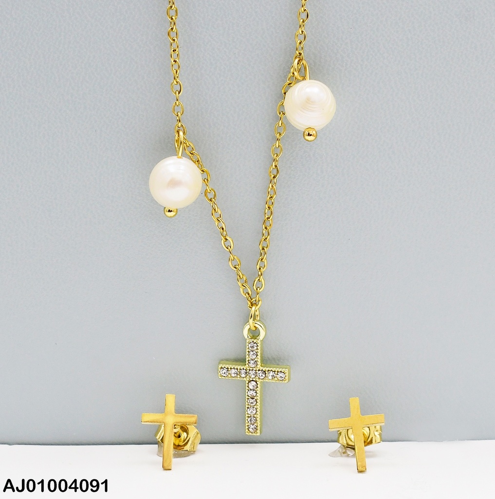 JUEGO DETALLES ARETES / DIJE CRUZ  / 2 PERLAS
