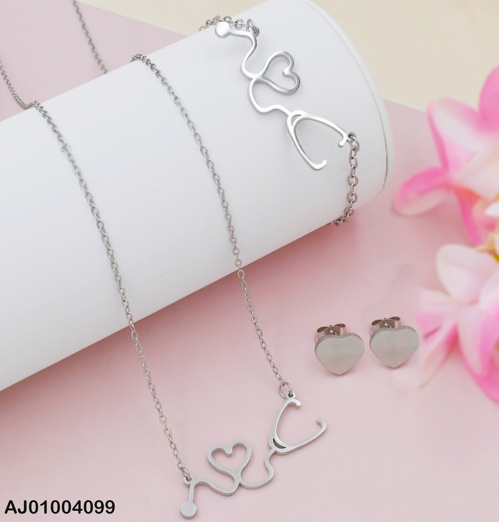 JUEGO PLATEADO ARETES PLACA♥ DIJE:ESTETOSCOPIO C/PULSERA 0736542