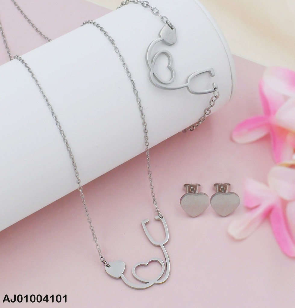 JUEGO PLATEADO ARETES PLACA♥ DIJE:ESTETOSCOPIO🤍 C/PULSERA 0736502