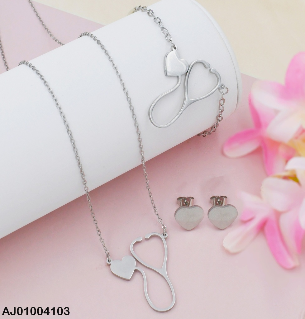 JUEGO PLATEADO ARETES PLACA♥ DIJE:ESTETOSCOPIO💛 C/PULSERA 0736522