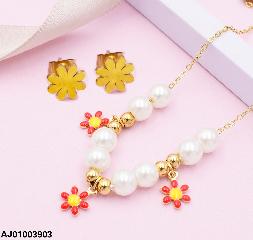 JUEGO 8 PERLAS 3 FLOR ROJA ARETES FLOR  AJ072771-W12