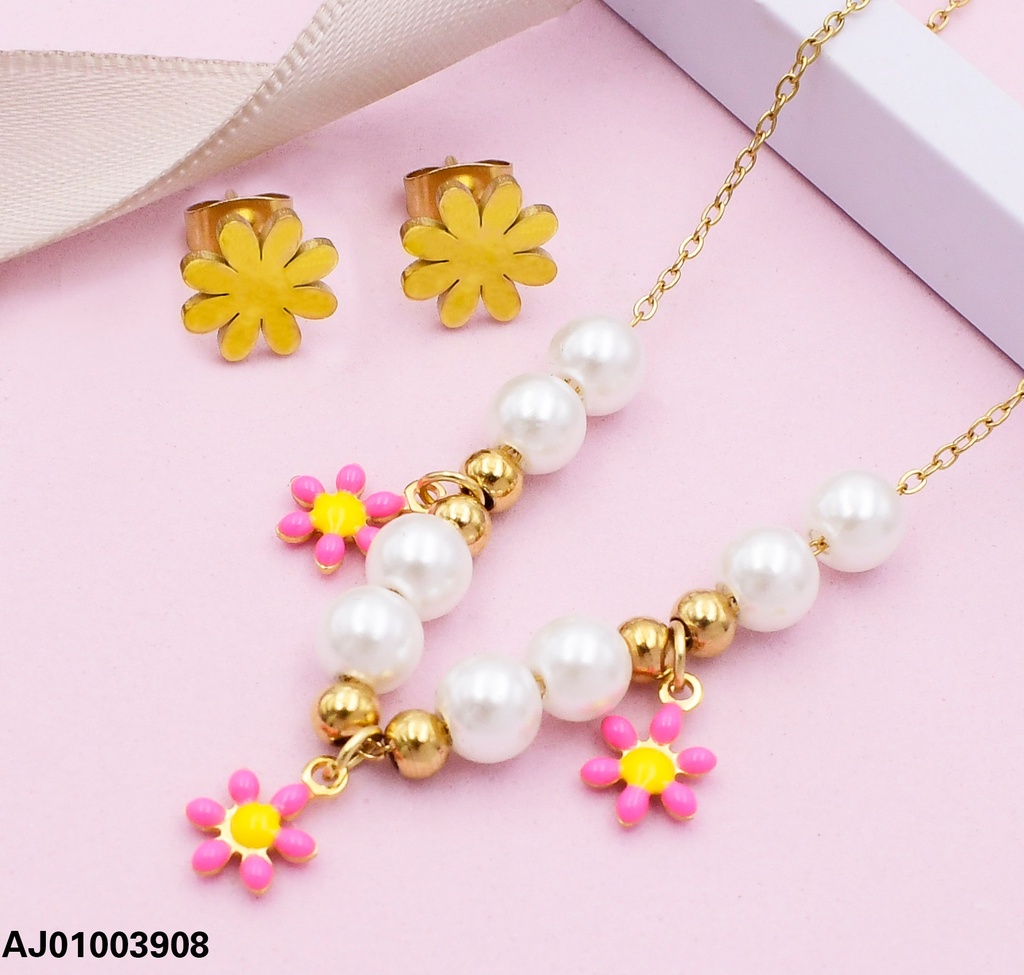 JUEGO ARETES FLOR 8 PERLAS/3 FLOR ROSADA AJ072769-W12