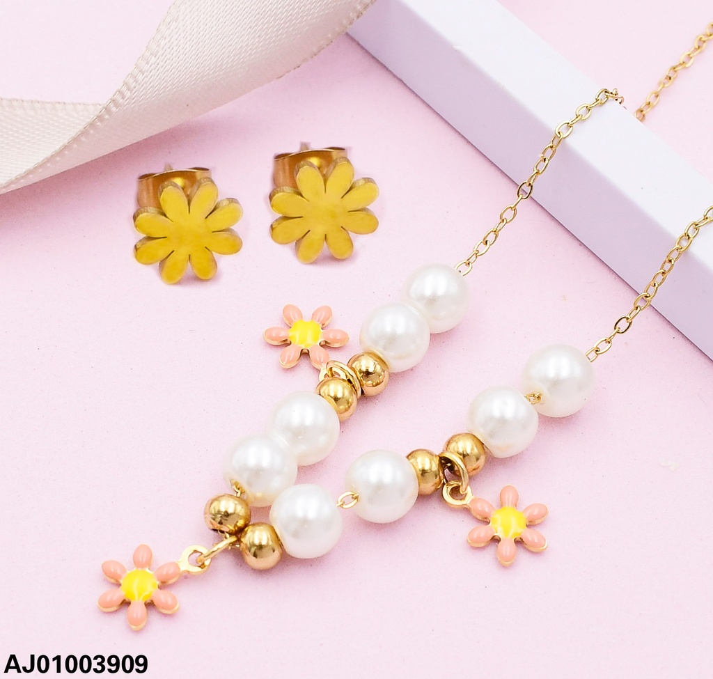 JUEGO ARETES FLORES 8 PERLAS/3 FLORES SALMON AJ072775-W12
