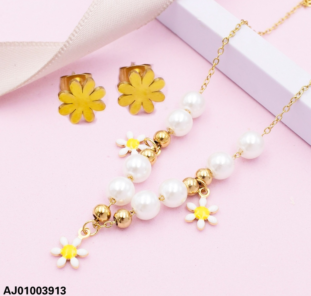 JUEGO ARETES FLOR DIJE 8 PERLAS / 3 FLORES BLANCA/ AMARILLAS AJ072766-W12