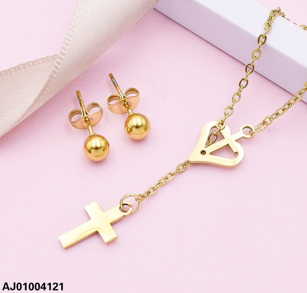 JUEGO DIJE CRUZ/ CORAZON ARETES RD.  073243-W163