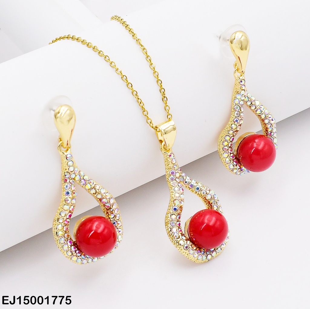 JUEGO OVALADO ZIRCONIAS TORNASOL C/PERLA ROJA
