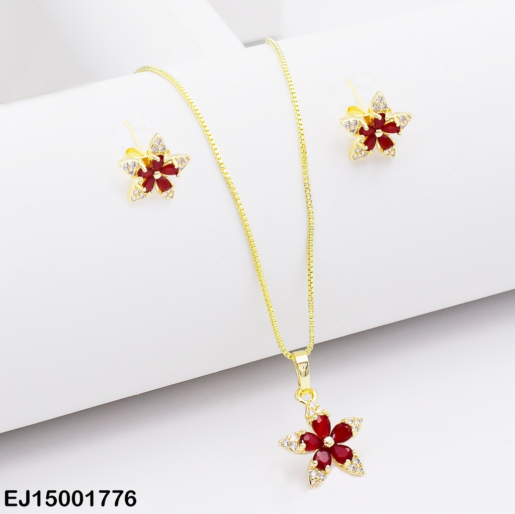 JUEGO FLOR ZIRCONIAS 5 PETÁLOS CENTRO ROJO VINO