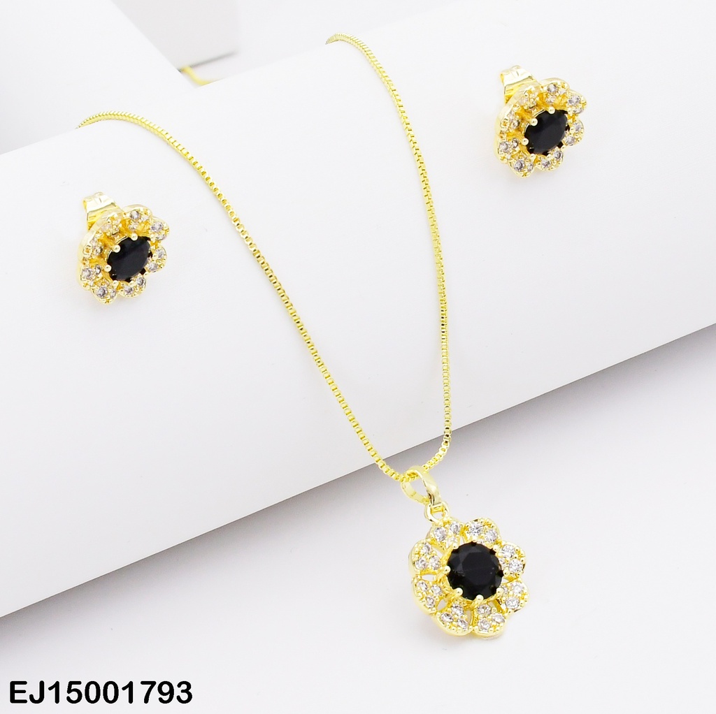 JUEGO FLOR ABIERTA PETÁLOS C/ZIRCONIAS CENTRO RD NEGRO
