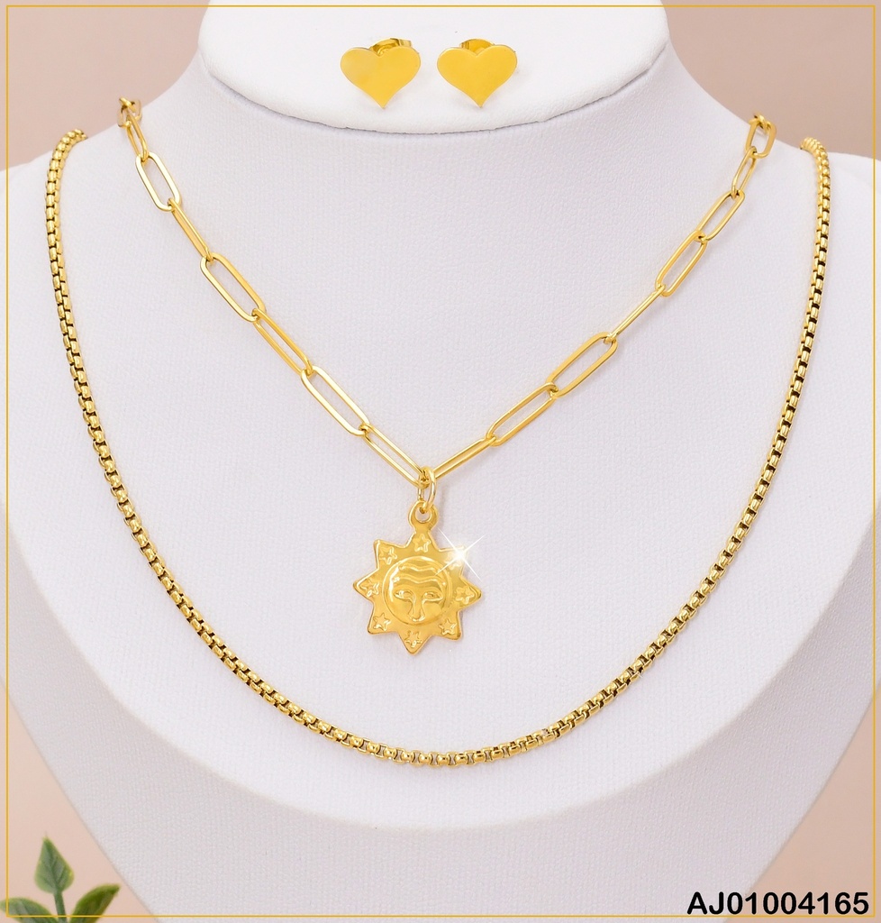 JUEGO DETALLES ENCH. CAD. DOBLE  DIJE SOL ARETES CORAZON (P.E.NOV2025)